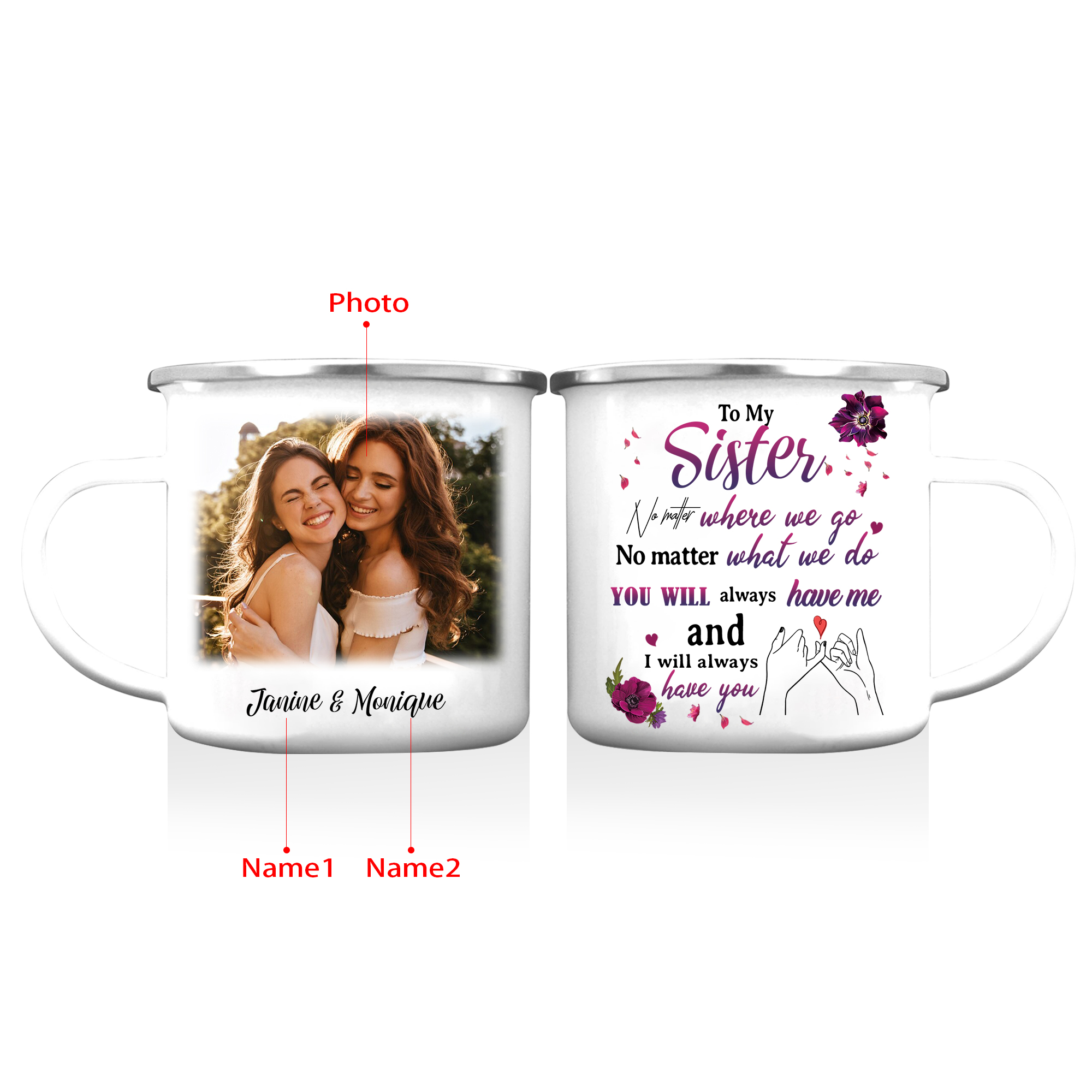 To My Sister Enamel Cup Customised 2 Names & Photo Mugs "You Will Always Have Me And I Will Always Have You" Gifts For Besties/Friends-Jessemade AU