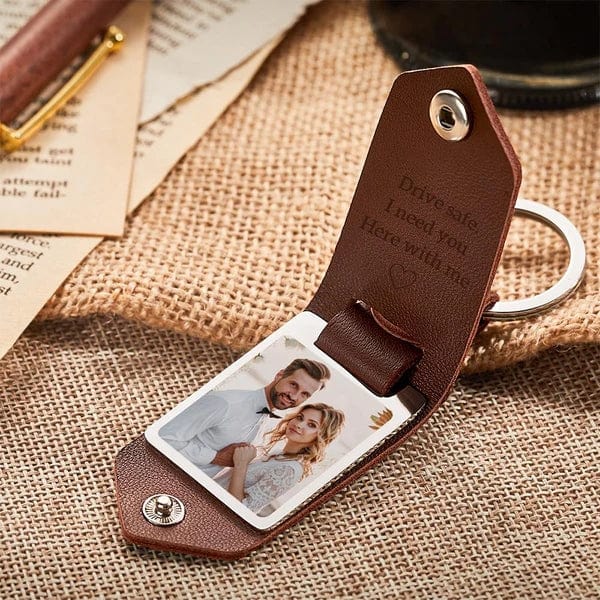 Personalised Couple Photo Keychain Custom Text Leather Keyring Valentine's Day Gifts - Drive Safe, I Need You Here With Me-Jessemade AU