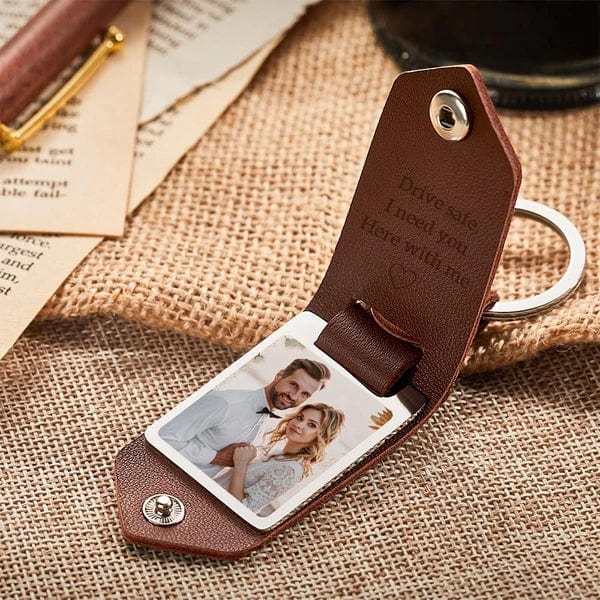 Personalised Photo Keychain Custom Text Leather Keyring Valentine's Day Gift