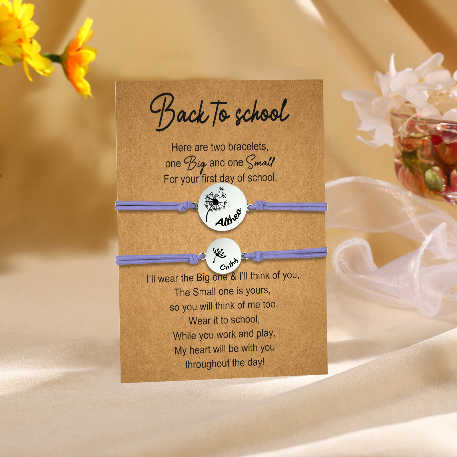 2 Pcs Dandelion Bracelet Set Custom 2 Names Adjustable Bracelets Back to School Gifts for Daughter-Jessemade AU