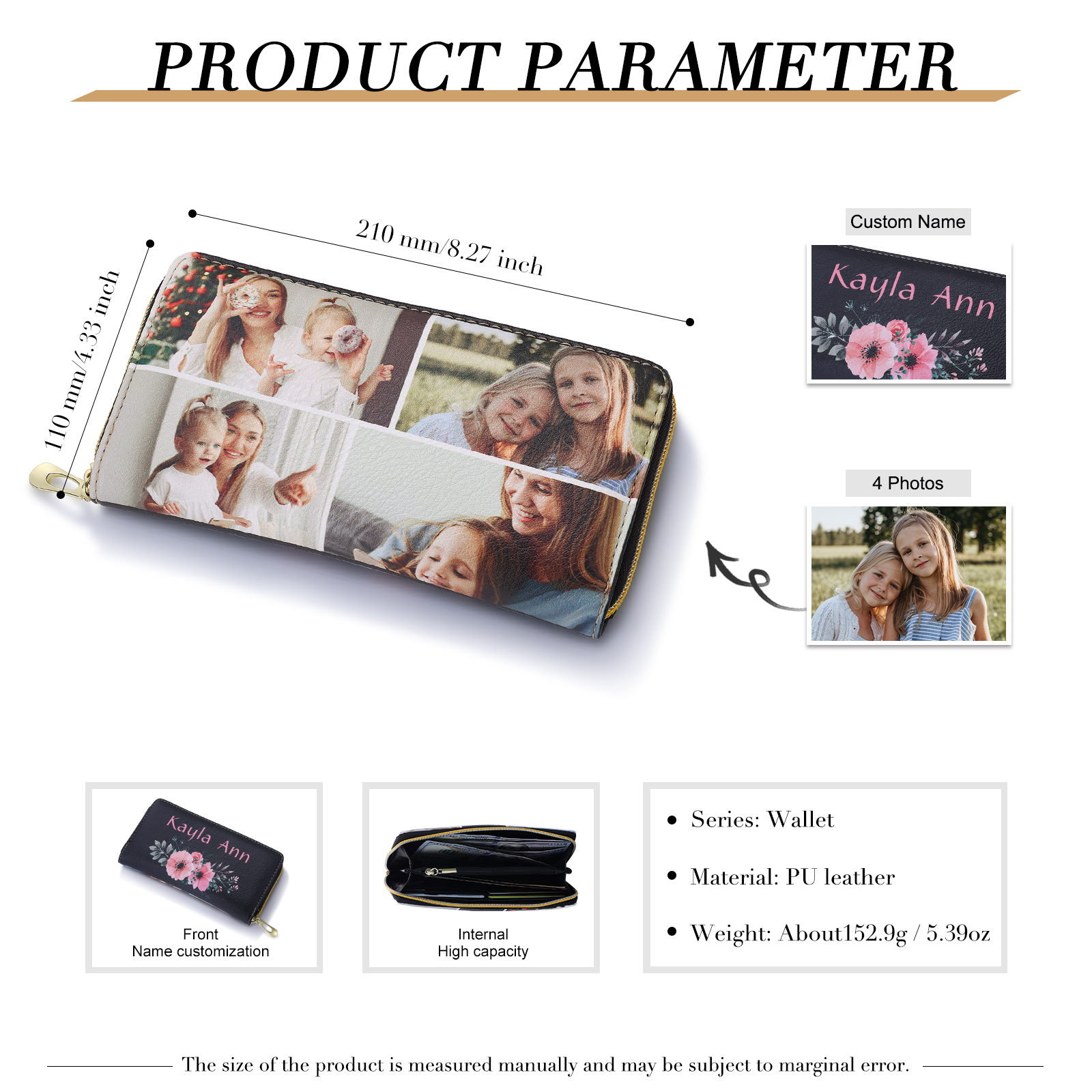 Long Purse Personalised Flower Leather Wallet Engraved 4 Photos Zip Wallet Gifts for Her-Jessemade AU