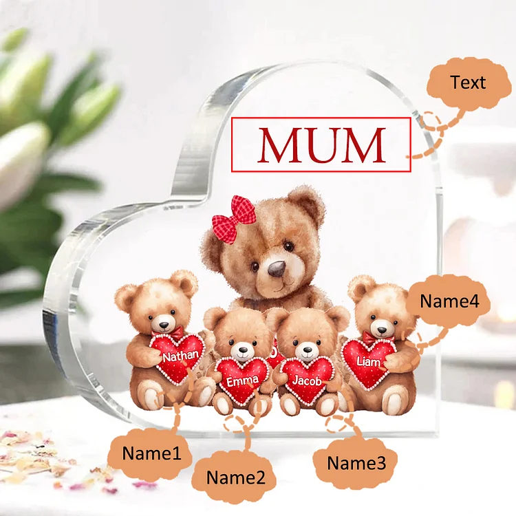 4 Names - Personalised Acrylic Heart Keepsake Custom Text Teddy Bear Ornaments Gifts for Grandma/Mother-Jessemade AU