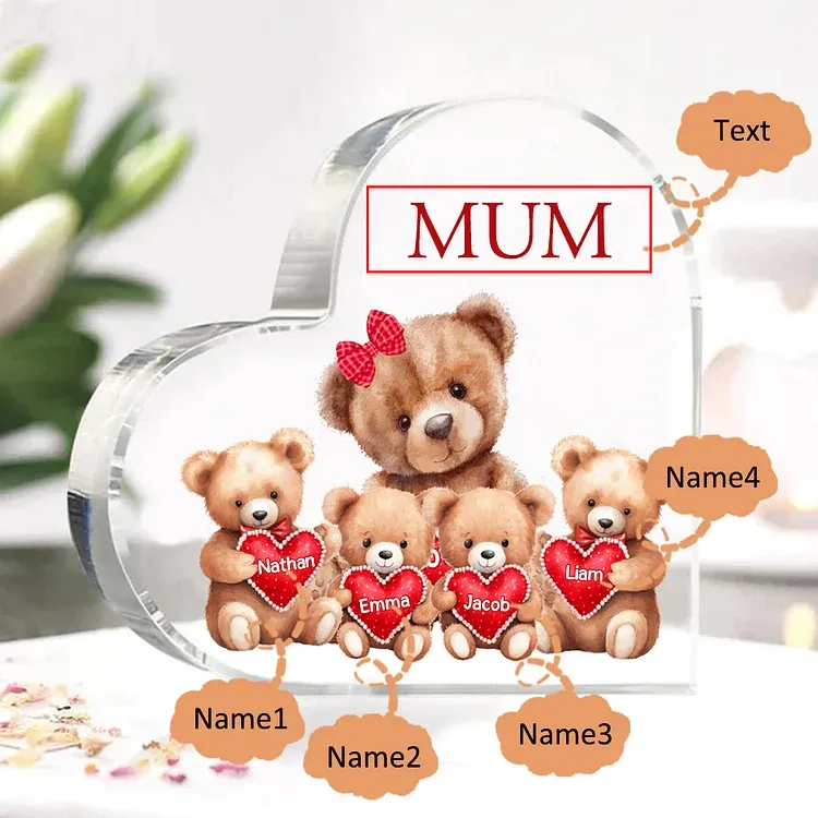 4 Names - Personalised Acrylic Heart Keepsake Custom Text Teddy Bear Ornaments Gifts for Grandma/Mother-Jessemade AU