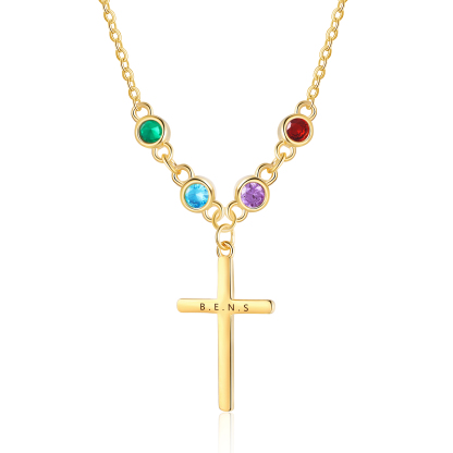 Personalised Cross Pendant Necklace Custom 4 Birthstones & 1 Text Necklace Birthday Gift for Her-Jessemade AU