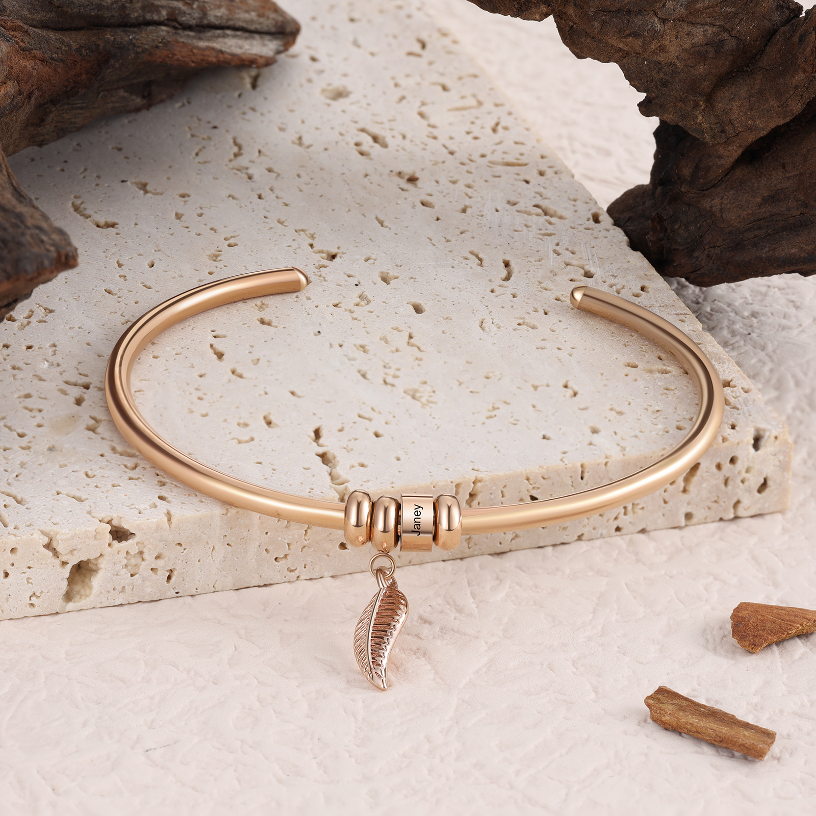 Women Bangle Bracelet with Leaf and Beads Engraved 1 Name Rose Gifts for Mother