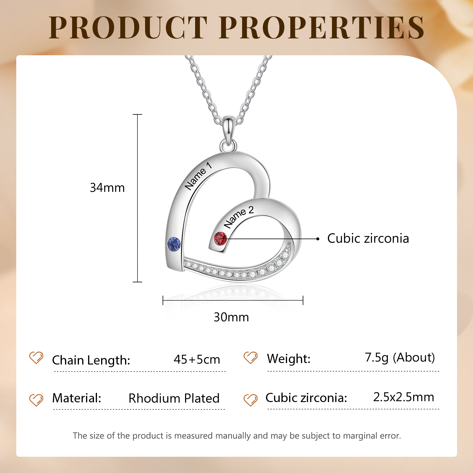 Personalised Heart Pendant Necklace Custom 2 Birthstones & 2 Names Necklace Gifts for Her-Jessemade AU