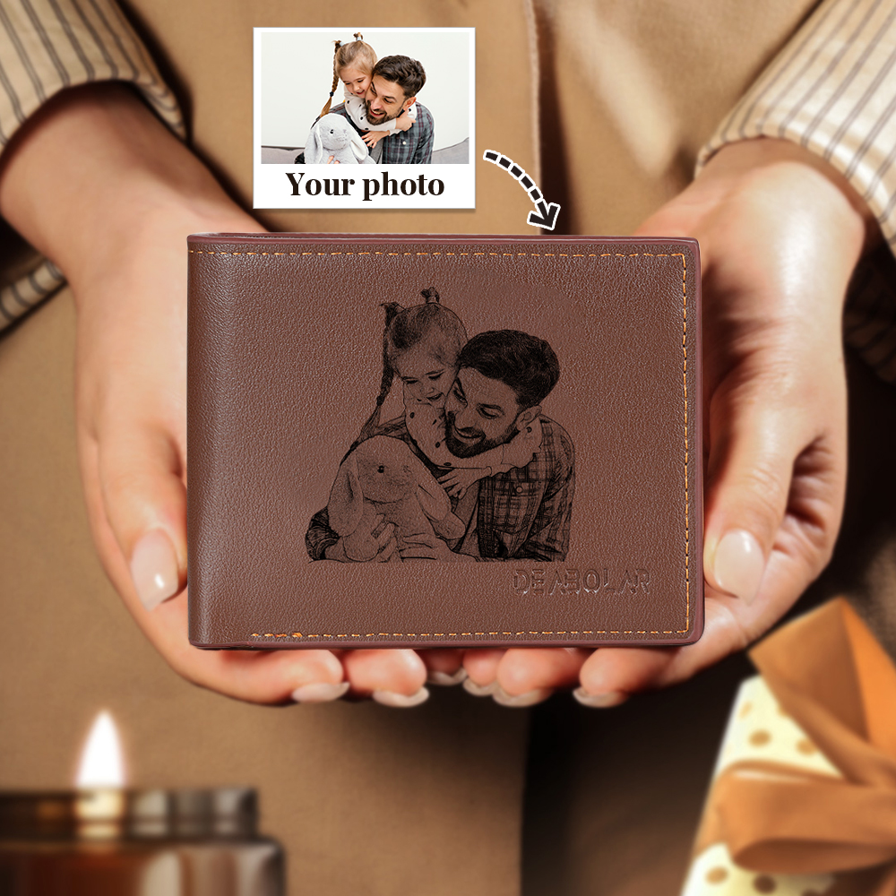 Men Photo Bifold Wallet Personalised Initial Monogram Wallet Brown Christmas Gift For Him-Jessemade AU