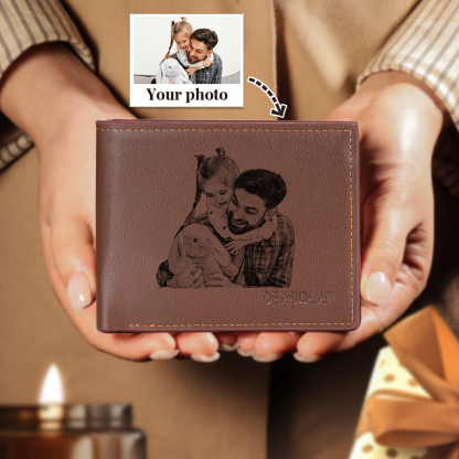 Men Photo Bifold Wallet Personalised Initial Monogram Wallet Brown Christmas Gift For Him-Jessemade AU