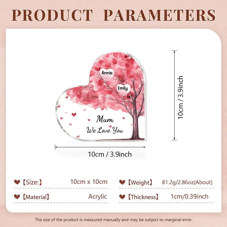 2 Names - Personalised Acrylic Heart Keepsake Custom Text Pink Tree Ornaments Gifts for Grandma/Mother-Jessemade AU