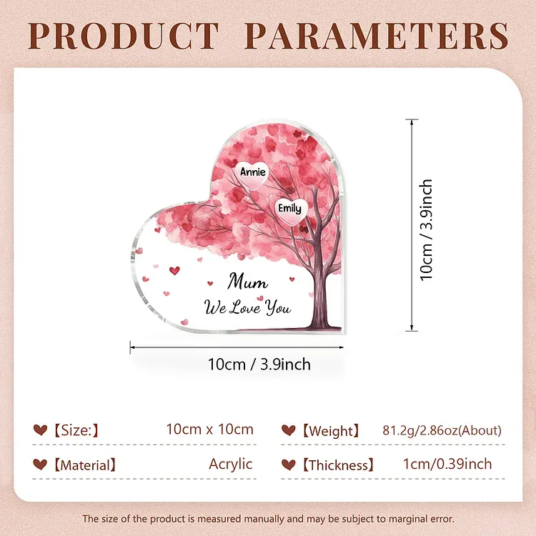 2 Names - Personalised Acrylic Heart Keepsake Custom Text Pink Tree Ornaments Gifts for Grandma/Mother-Jessemade AU