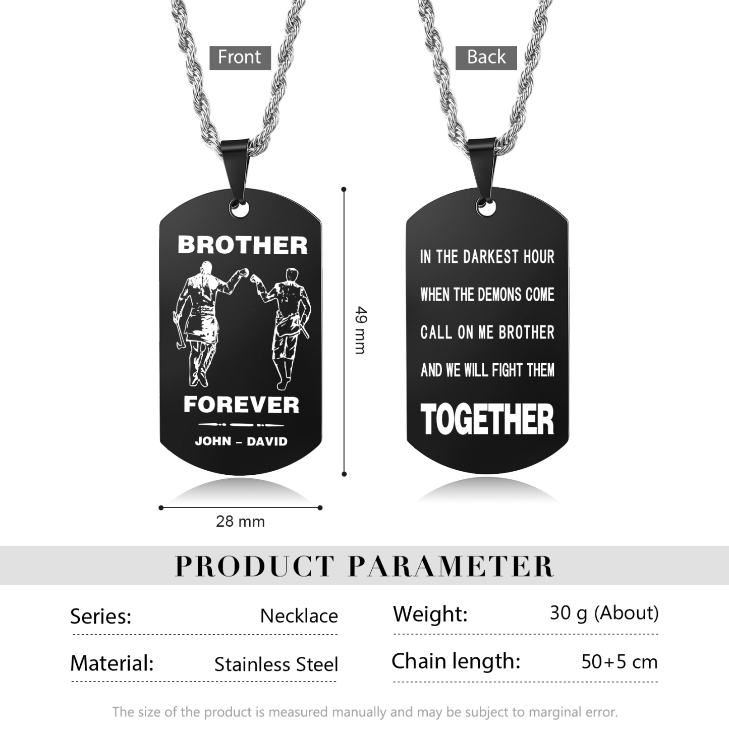 Brother Forever Dog Tag Necklace Personalised Black Double-sided Necklace Customised 2 Names Viking Necklace Gift to Brother-Jessemade AU