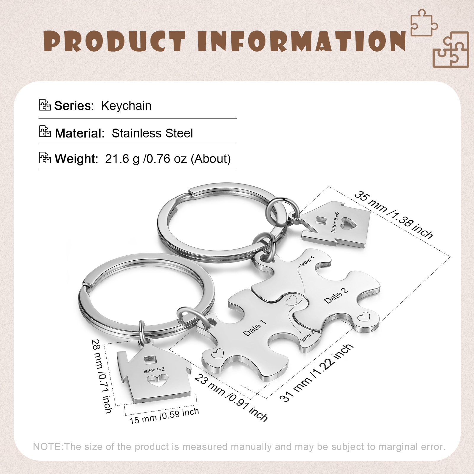 2 PCS Couple Keychain Set Custom 2 Dates & 2 Letters Keyring Puzzle Keychains Valentine's Day Personalised Gift for Him/Her-Jessemade AU