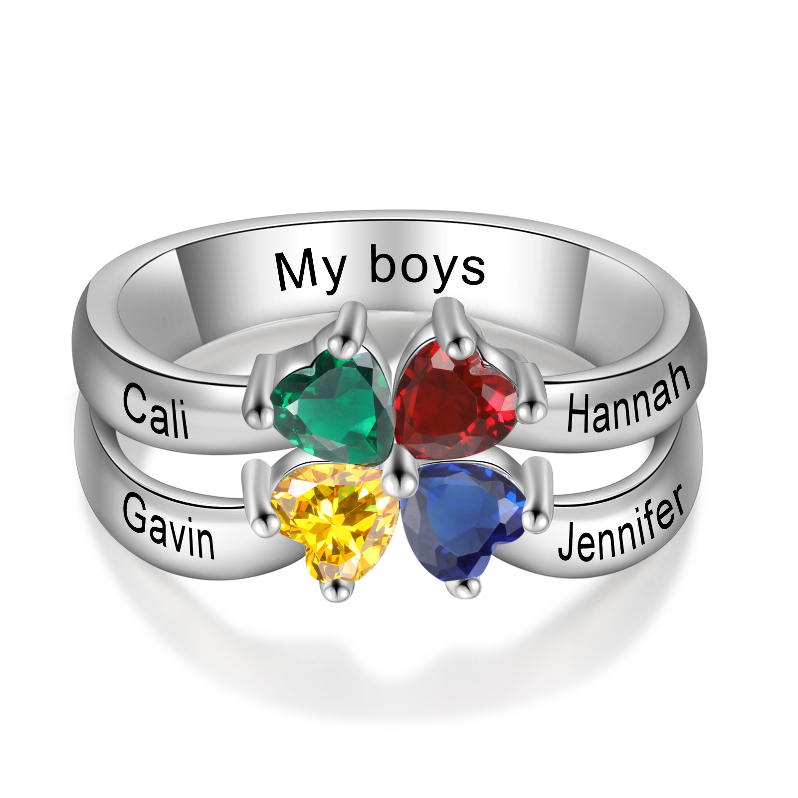 Personalised Ring With 4 Birthstones Engraved Names Ring Best Gift For Women-Jessemade AU