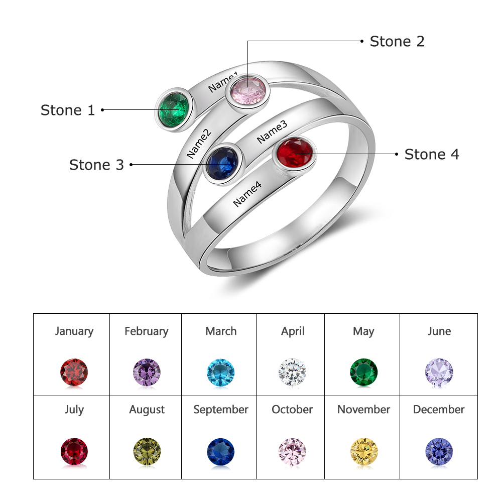 Personalised Ring With 4 Birthstones Engraved Names Ring Gift For Women-Jessemade AU
