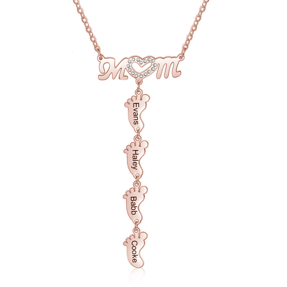Mother Necklace with 4 Baby Feet Pendants Engraved 4 Names Rose Gift Set