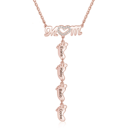 Mother Necklace with 4 Baby Feet Pendants Engraved 4 Names Rose Gift Set