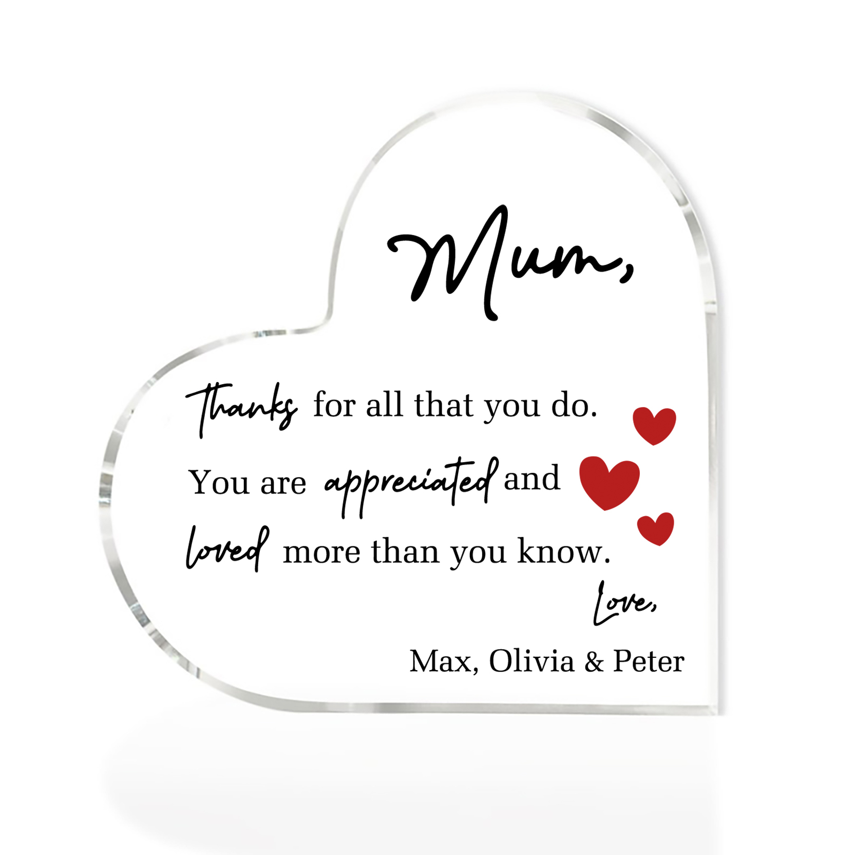 Personalised Acrylic Heart Keepsake Custom Text Ornaments Gifts - Mum, Thanks For All That You Do-Jessemade AU