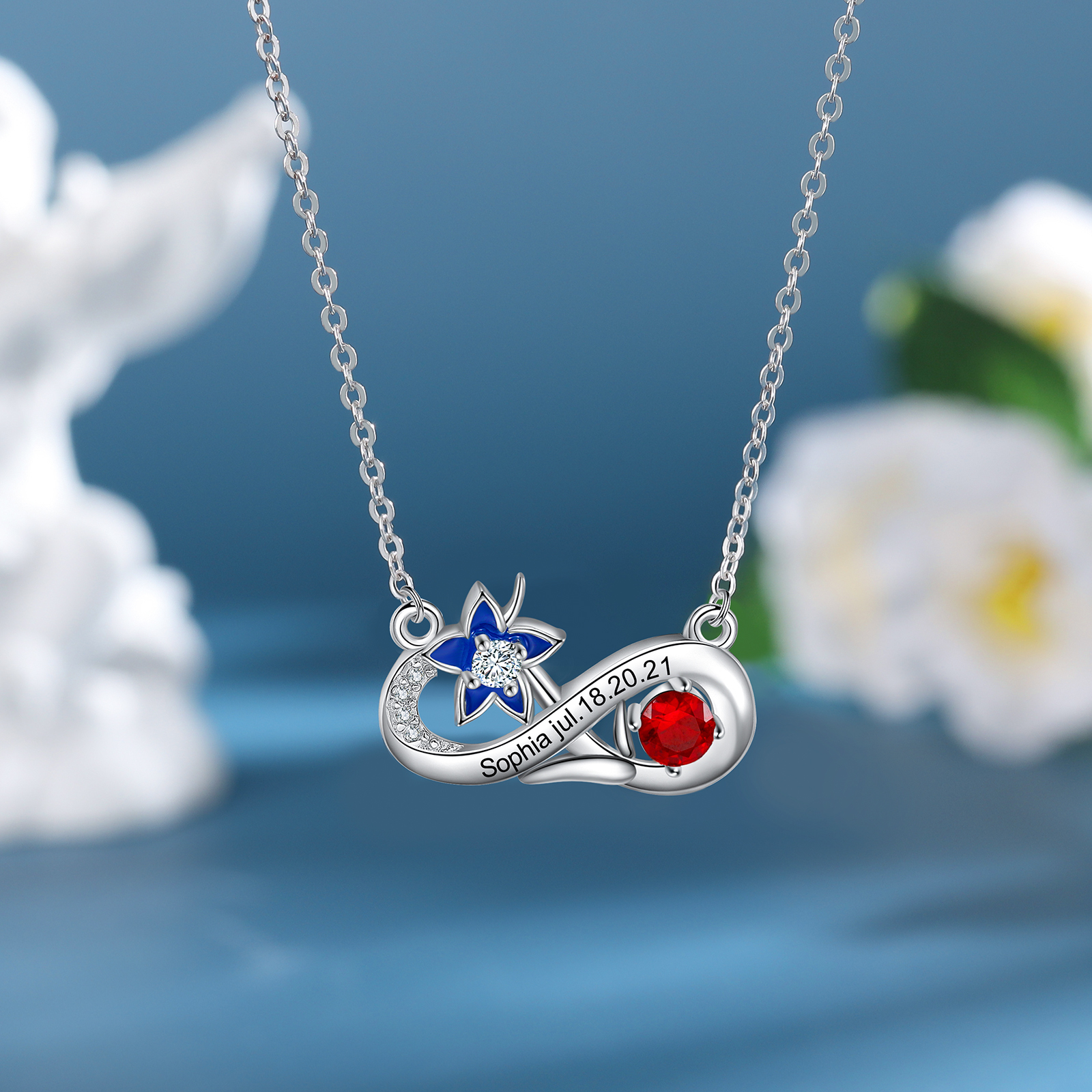 Personalised July Birthflower Necklace With Birthstone Gift For Women-Jessemade AU