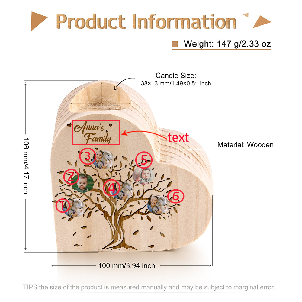 Family Photo Wooden Heart Candle Holder Custom 6 Photos Family Tree Candlesticks-Jessemade AU