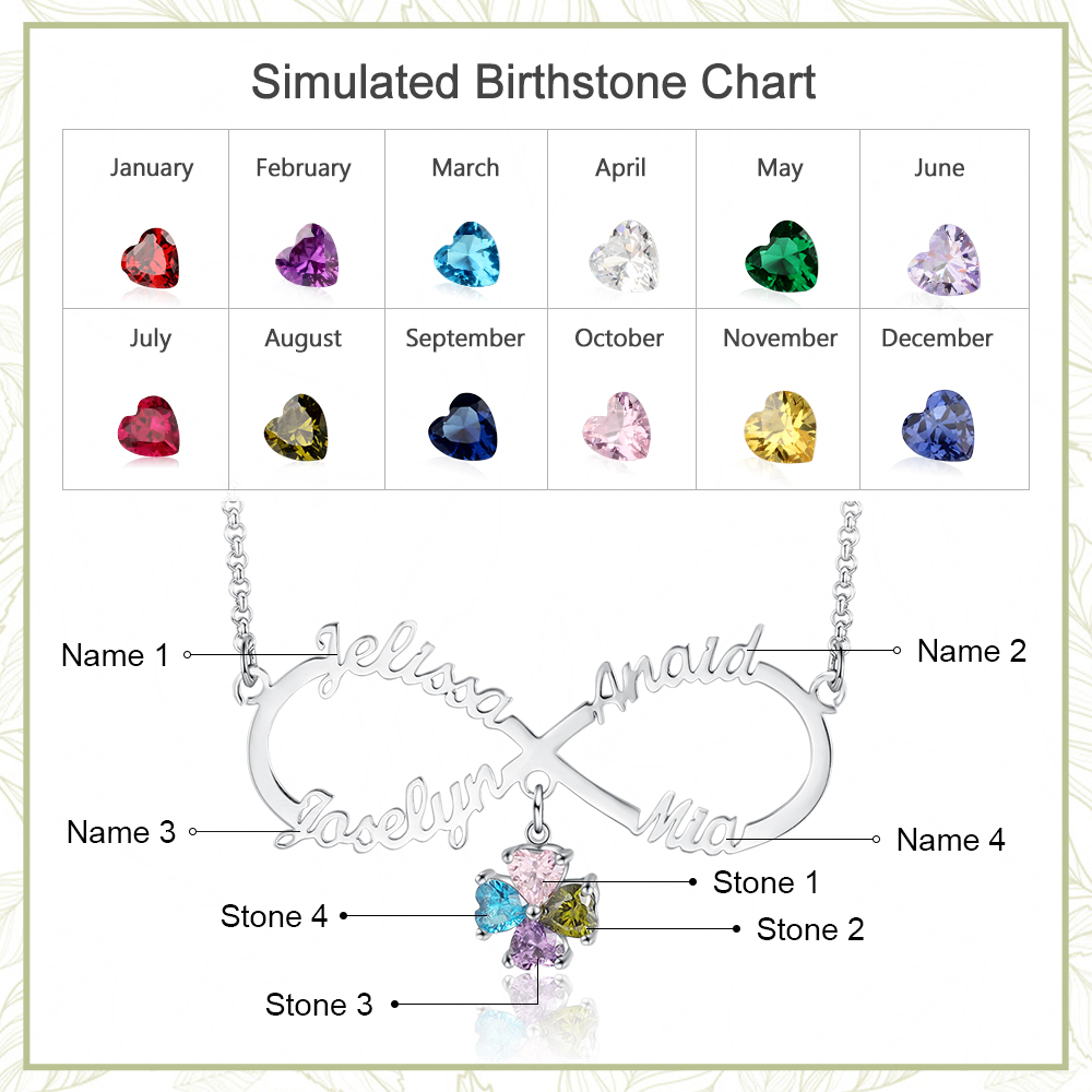 Personalised Infinity Necklace With 4 Birthstones Engraved Names Necklace Gift For Women-Jessemade AU
