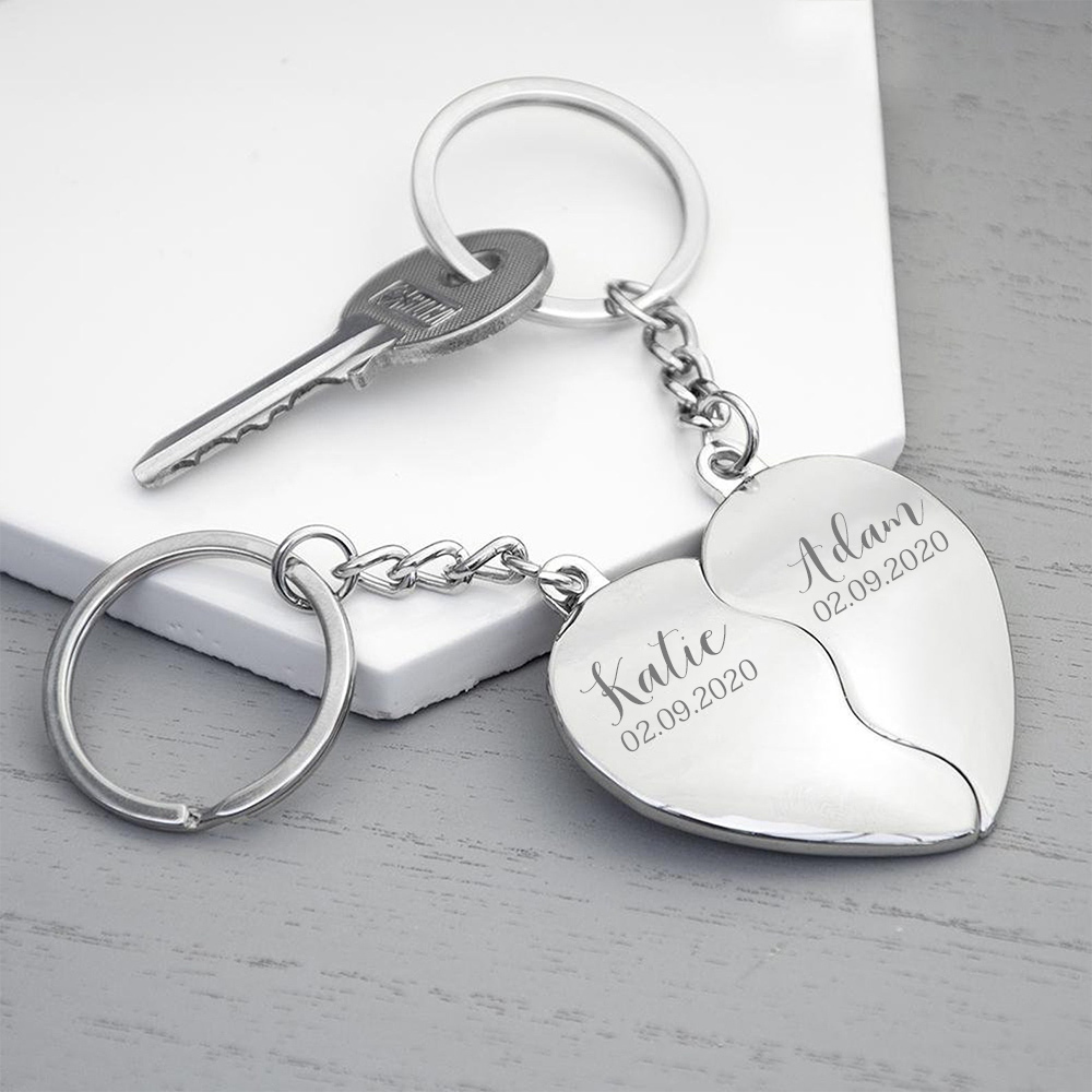 Personalised Couple Heart Keychain Set Custom 2 Names & Date Matching Couple Keyring Valentine's Day Gifts For Couples-Jessemade AU