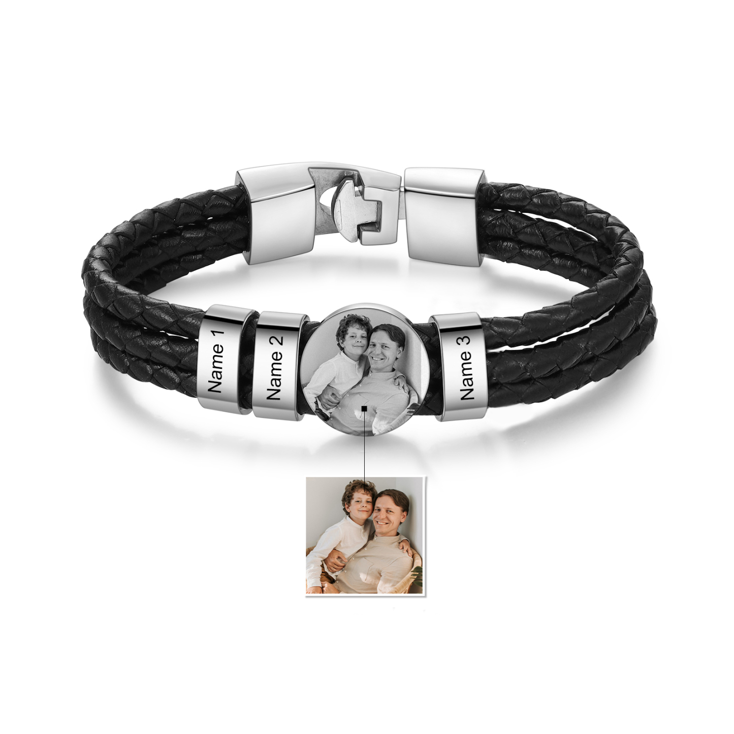 Personalised Men's Leather Bracelet Custom 3 Names & 1 Photo Braided Bracelet Father's Day Gifts for Him-Jessemade AU
