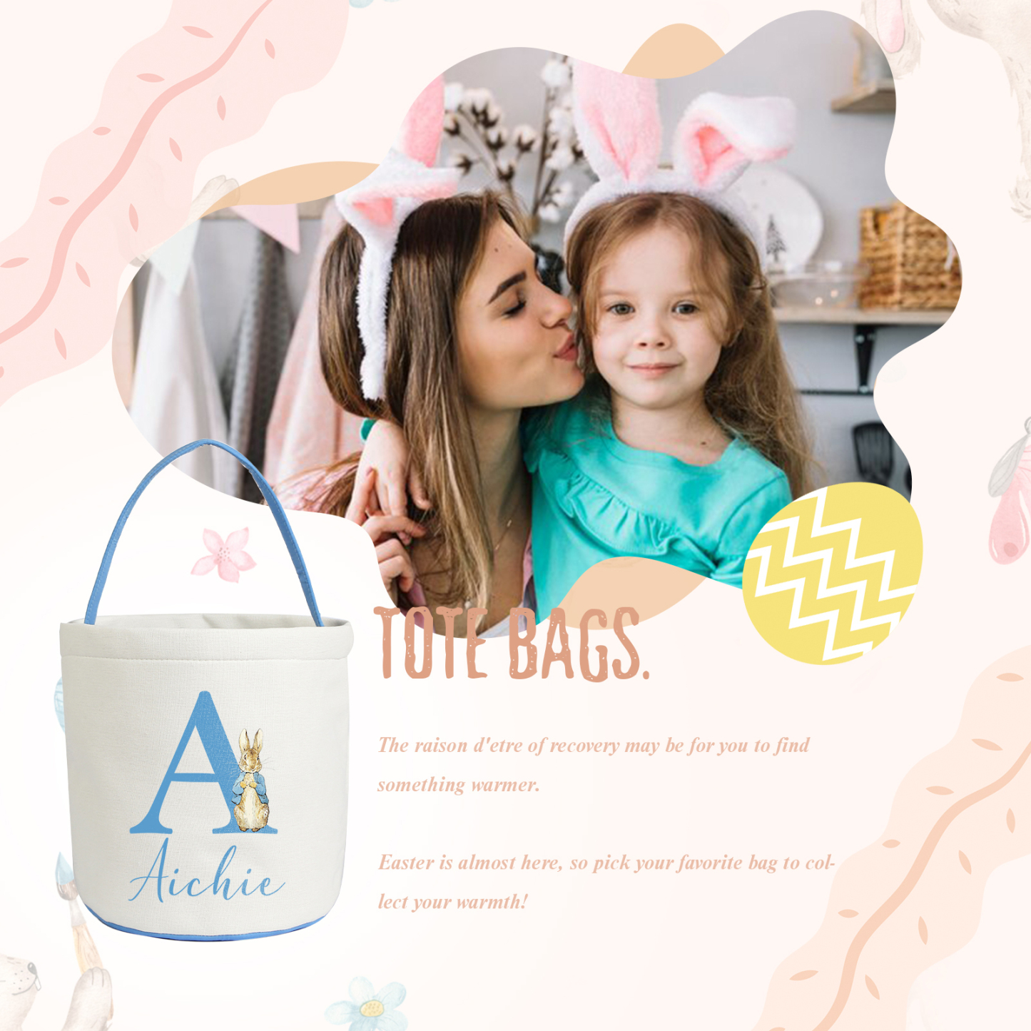 Easter Bunny Tote Bag Personalised Name & Letter Bucket Bag White Basket Gifts For Kids-Jessemade AU