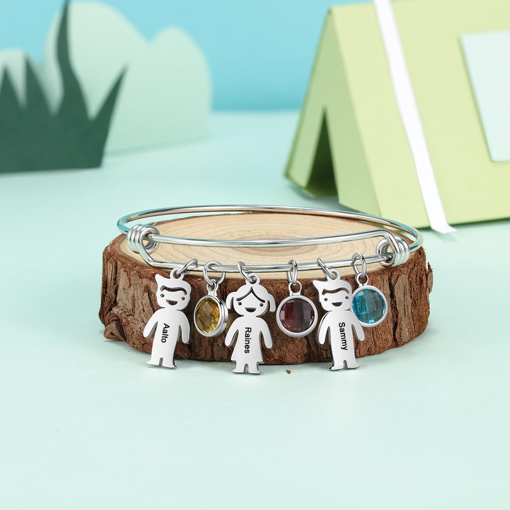 Personalised Kids Charm Bracelet With 3 Birthstones Engraved Names Adjustable Bracelet Gift For Her-Jessemade AU