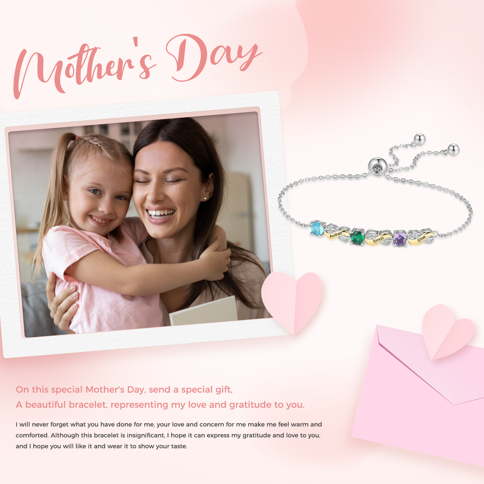 Mother & Family Bracelet with Birthstones Engrave 3 Names Infinity Bracelet Gifts for Mum-Jessemade AU