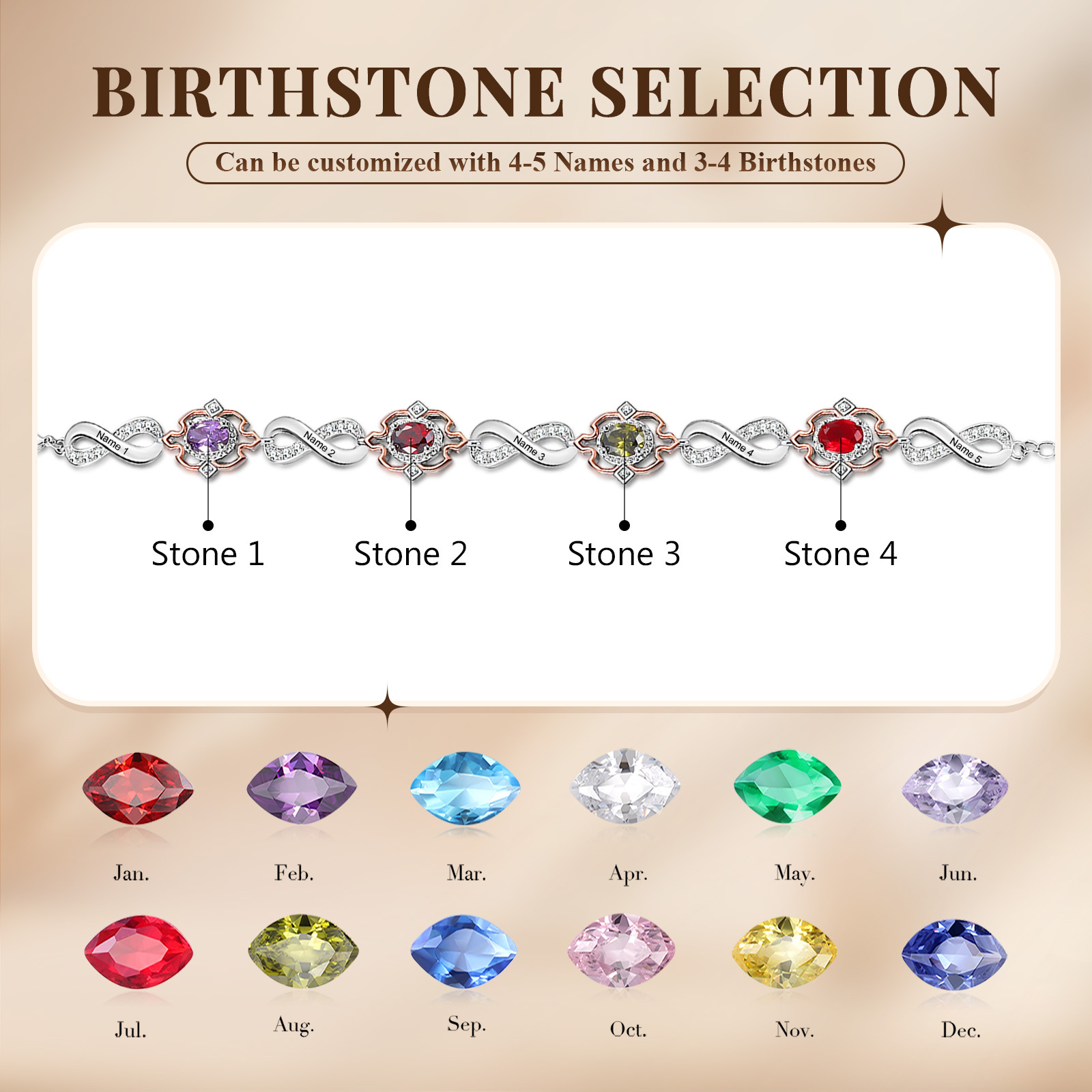 Infinity Bracelet Personalised 4 Birthstones Engraved 5 Names Women's Bracelets Birthday Gift for Her-Jessemade AU