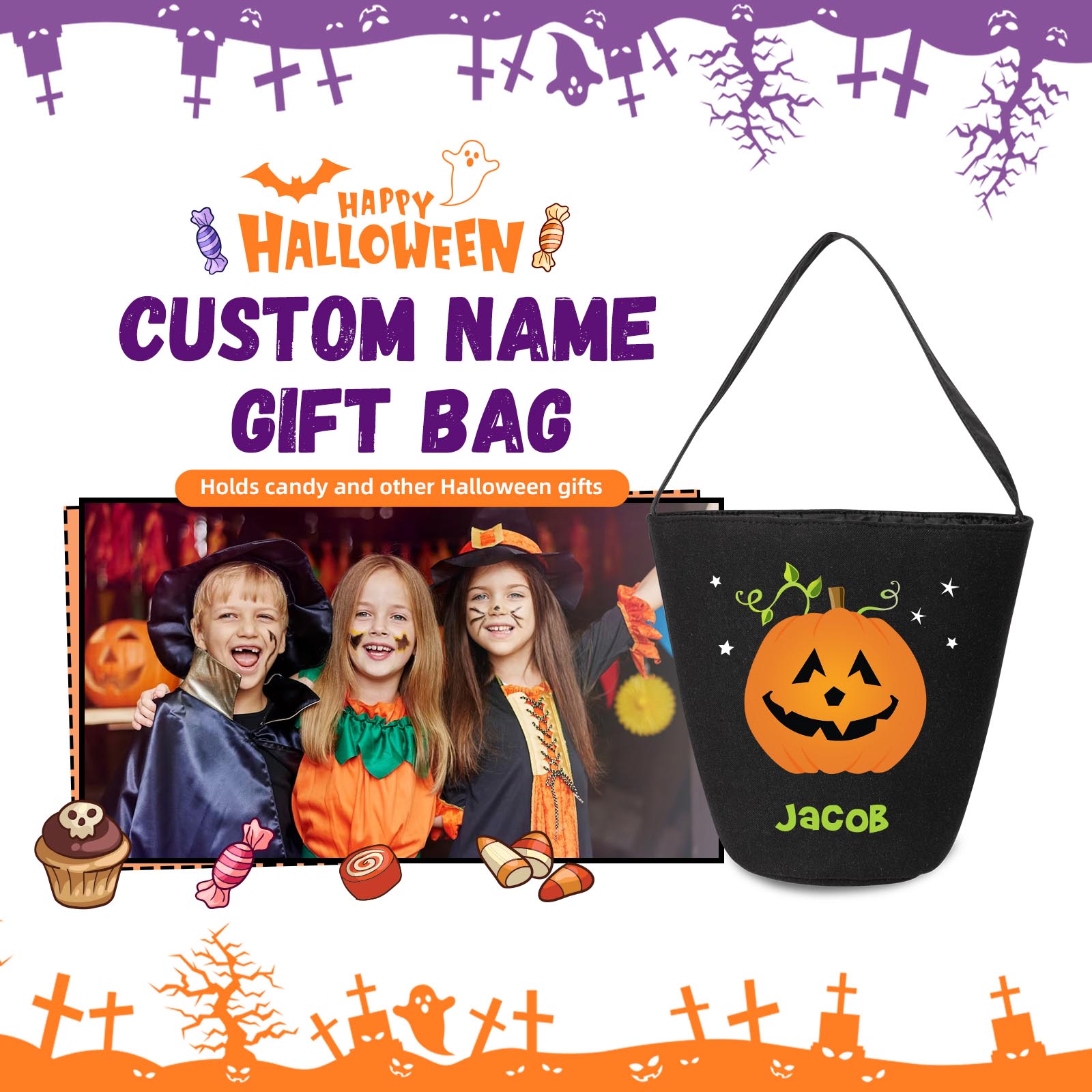 1 Name - Personalised Halloween Tote Bags Bucket Bag Halloween Trick or Treat Candy Bags for Children-Jessemade AU