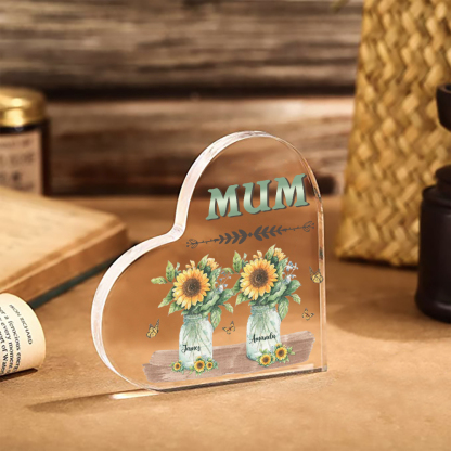 Personalised Acrylic Heart Keepsake Custom 2 Names & 1 Text Sunflower Vase Ornament Gifts for Mother/Grandma-Jessemade AU