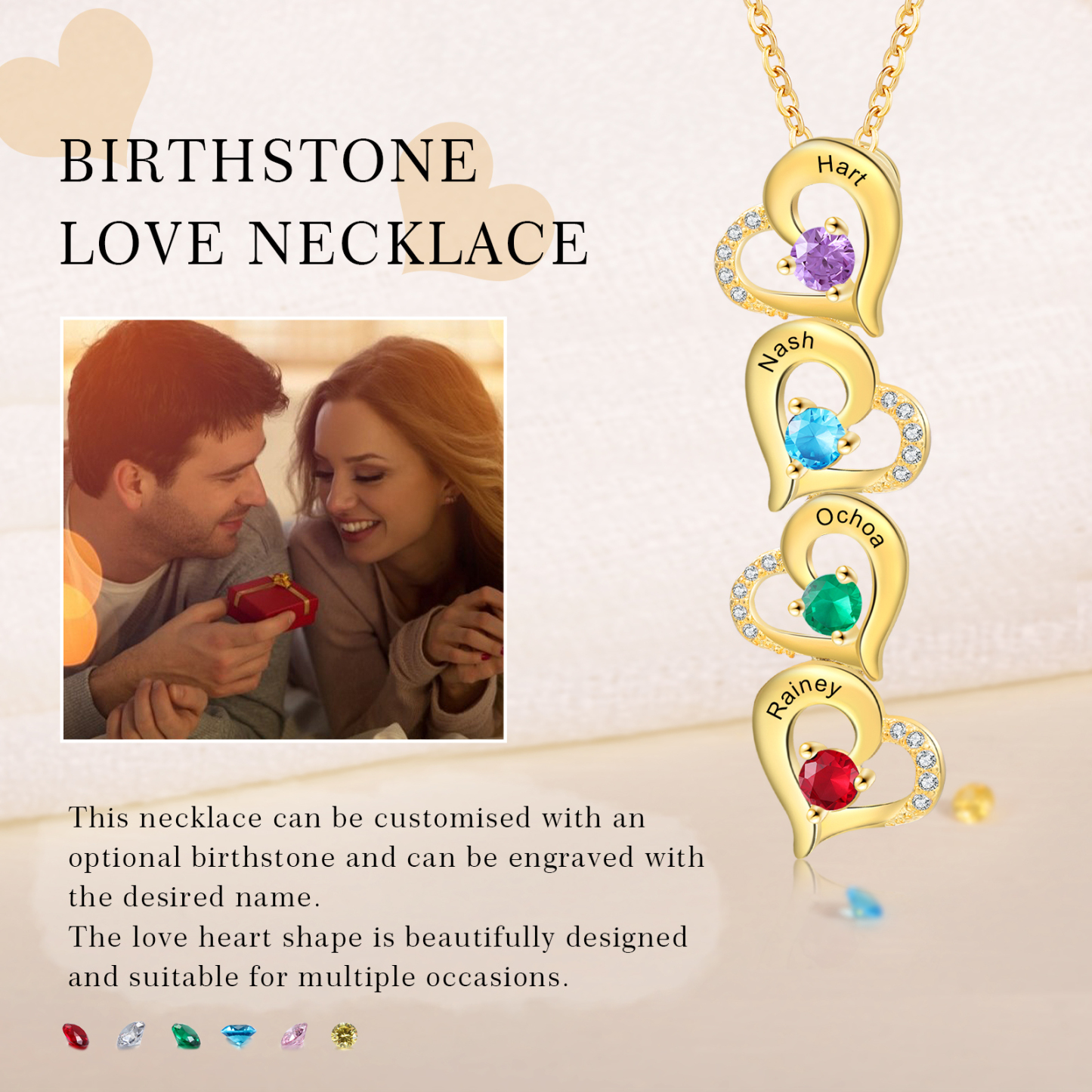 4 Names - Personalised Heart Pendant Necklace Custom Birthstones & Names Necklace Birthday Gift for Her-Jessemade AU