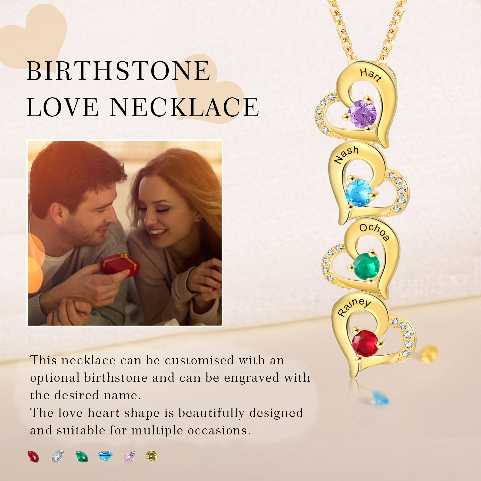 4 Names - Personalised Heart Pendant Necklace Custom Birthstones & Names Necklace Birthday Gift for Her-Jessemade AU