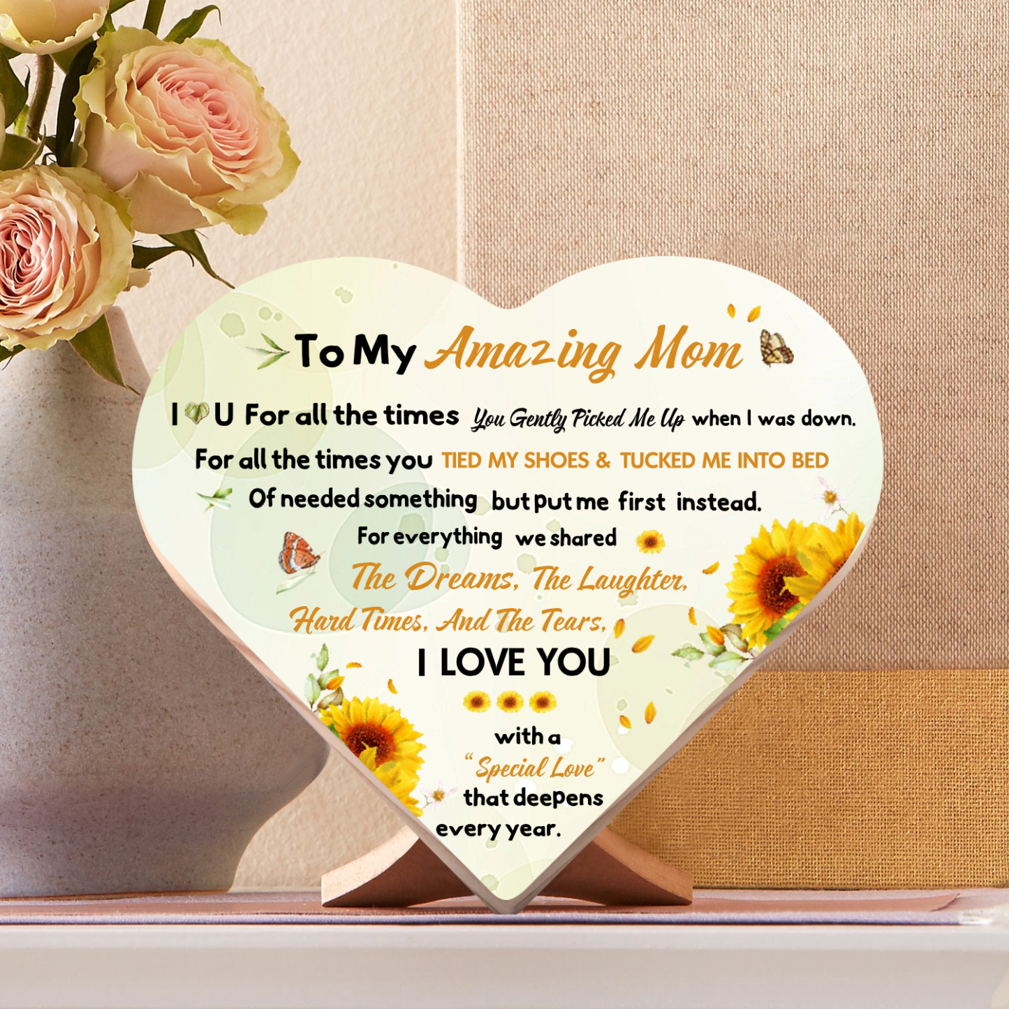To My Amazing Mom I ❤️ U Wooden Flowers Heart Keepsake Desktop Ornament-Jessemade AU