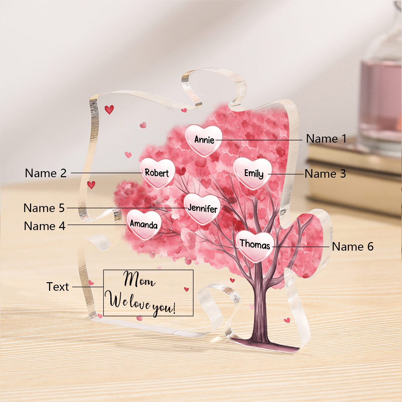 Personalised Acrylic Puzzle Plaque Custom 6 Names & 1 Text Pink Tree Family Ornament Gift for Mum/Nan-Jessemade AU