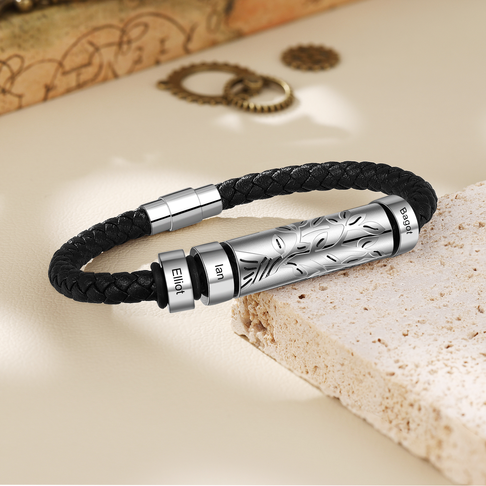 Personalised Men Leather Braided Bracelet Custom 3 Names Bracelet For Him-Jessemade AU