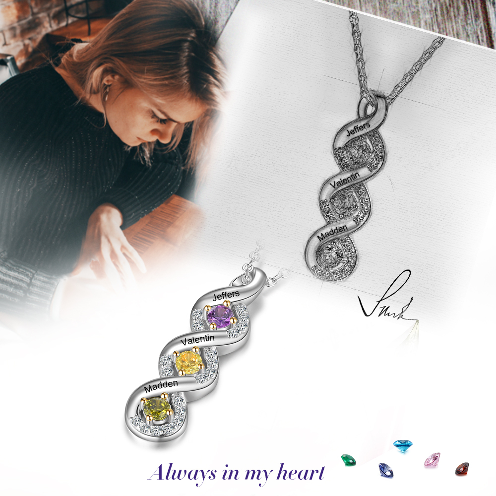 Personalised DNA Necklace With 3 Birthstones Engraved Names Gift For Women-Jessemade AU