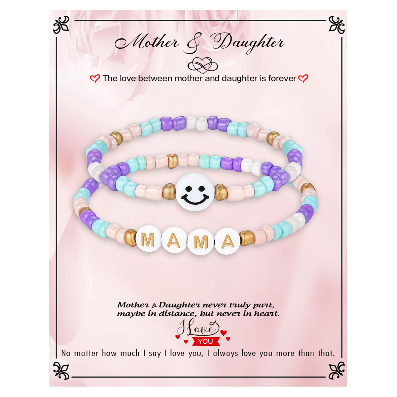 2 Pcs Bracelet Set Mama Beaded Bracelets with Message Card Gifts for Her - The Love Between Mother And Daughter Is Forever-Jessemade AU