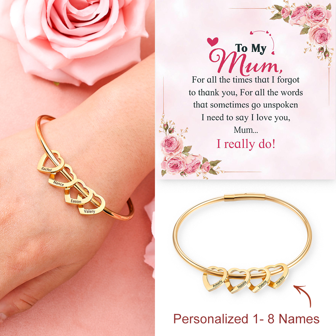 Love Bracelet Bangle Bracelet with 4 Heart Shape Pendant Engraved 4 Names Gift For Mom