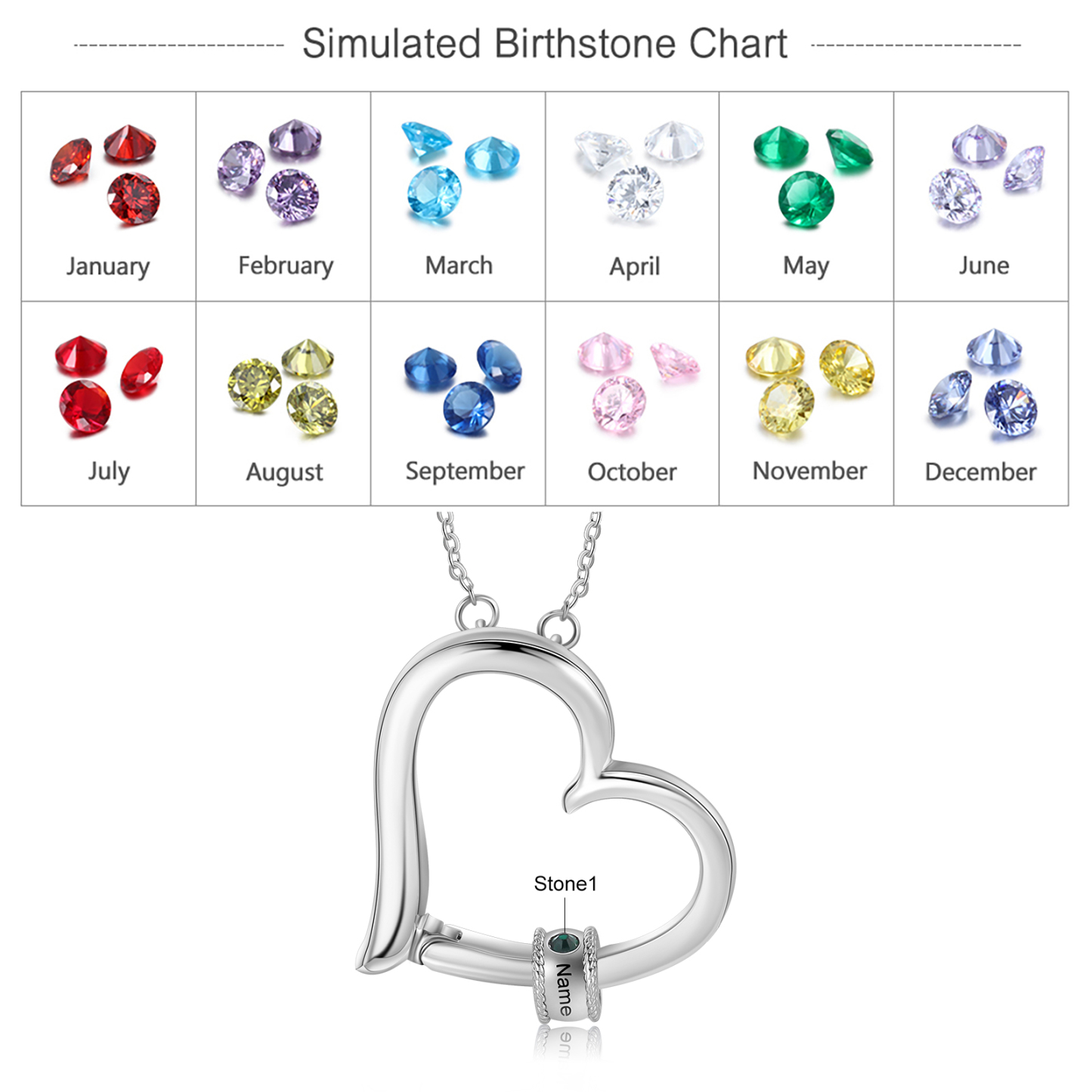 Personalised Heart Necklace With 1 Birthstone Engraved Family Names Necklace Gift for Her-Jessemade AU