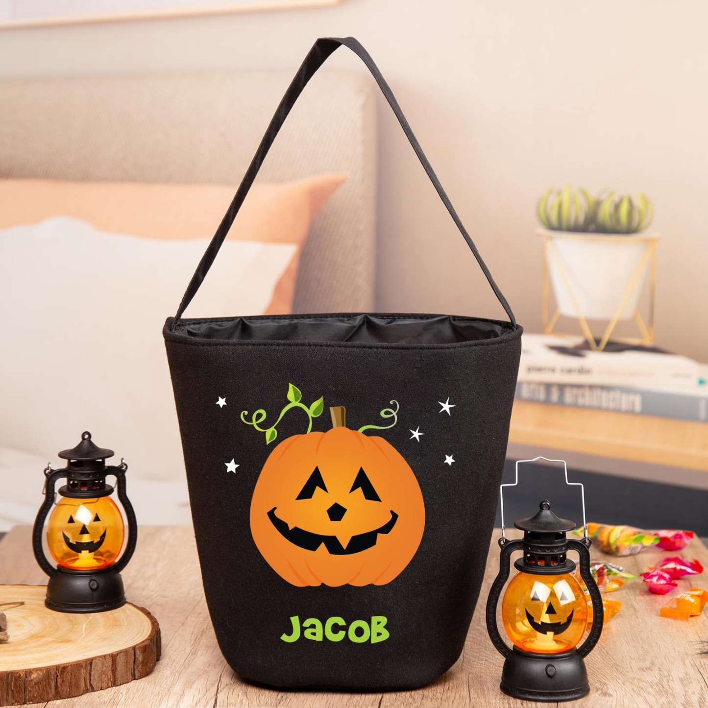 1 Name - Personalised Halloween Tote Bags Bucket Bag Halloween Trick or Treat Candy Bags for Children-Jessemade AU