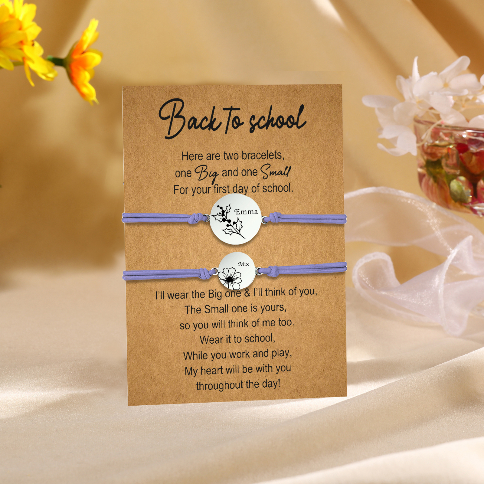 2 Pcs Bracelet Set Personalised Names & Birth Flowers Adjustable Bracelets with Message Card Back to School Gifts for Daughters-Jessemade AU