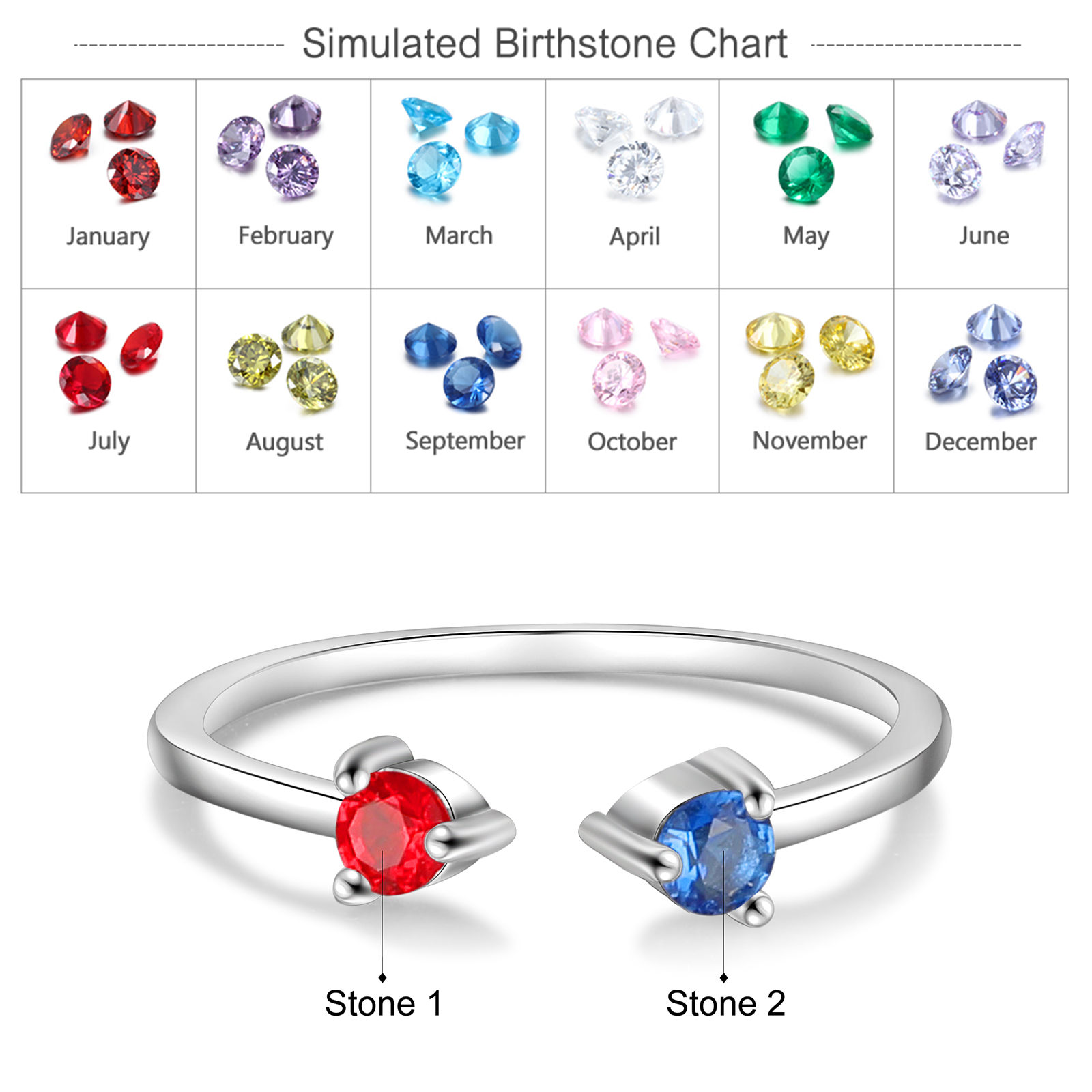 Personalised Ring With 2 Birthstones Engraved Ring Gift For Women
