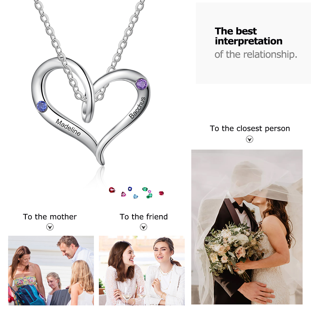 Personalised Heart Necklace With 1 Birthstone Engraved Names Gift For Her-Jessemade AU