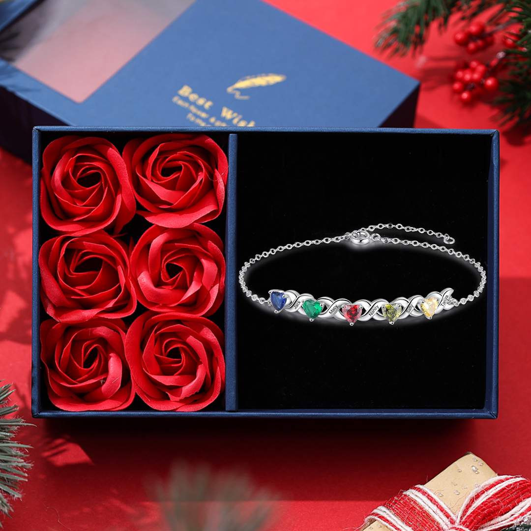 Family Custom Bracelet Heart Personalised with 5 Birthstones Gift Box Set-Jessemade AU