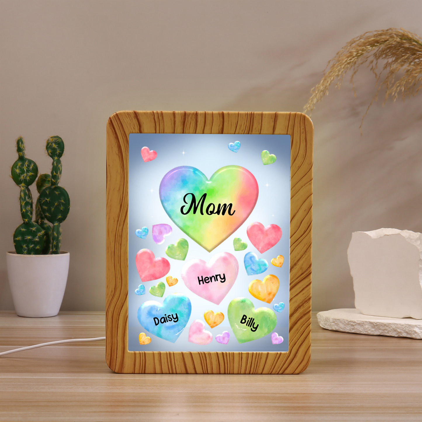 Personalised Night Light Mirror Frame Custom 1 Text & 3 Names Colourful Hearts Family LED Lamp Gift for Grandma/Mother-Jessemade AU