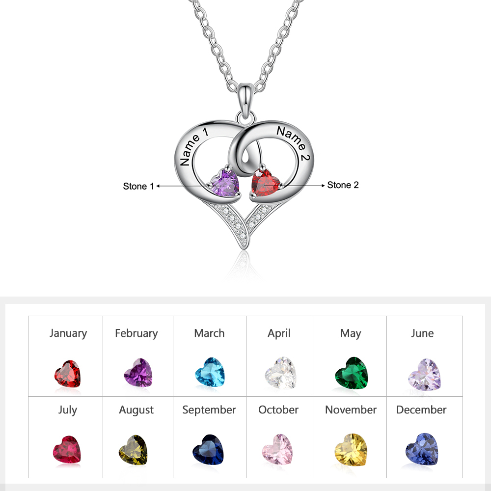 Customised Birthstones Heart Necklace Engraving 2 Names Gifts for Her-Jessemade AU