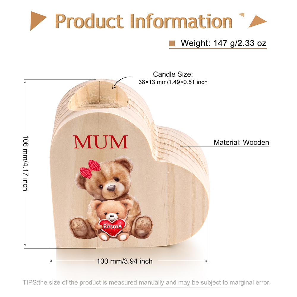 Personalised 1 Name & 1 Text Candle Holder Teddy Bear Wooden Candlestick Gifts for Grandma/Mother-Jessemade AU