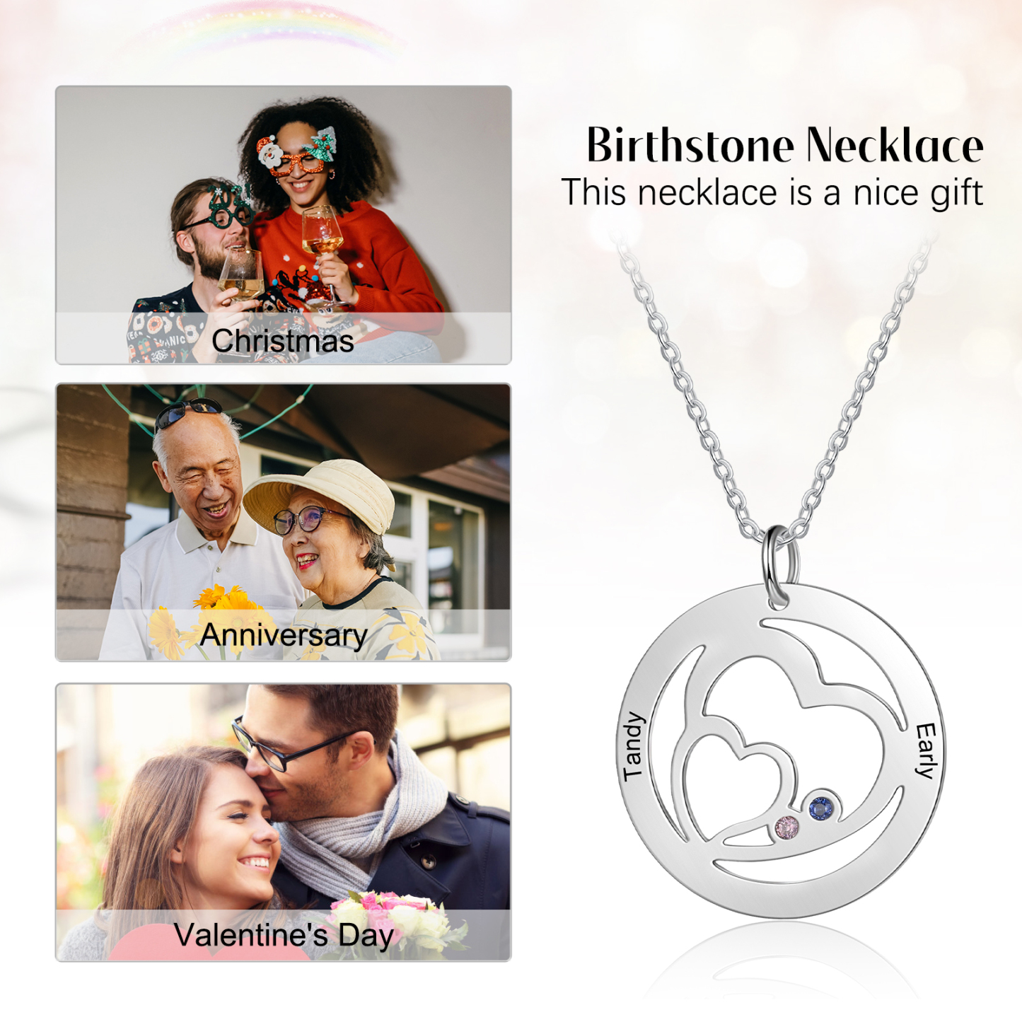 Personalised Heart Necklace With 2 Birthstones Engraved Names Necklace Gifts For Her-Jessemade AU